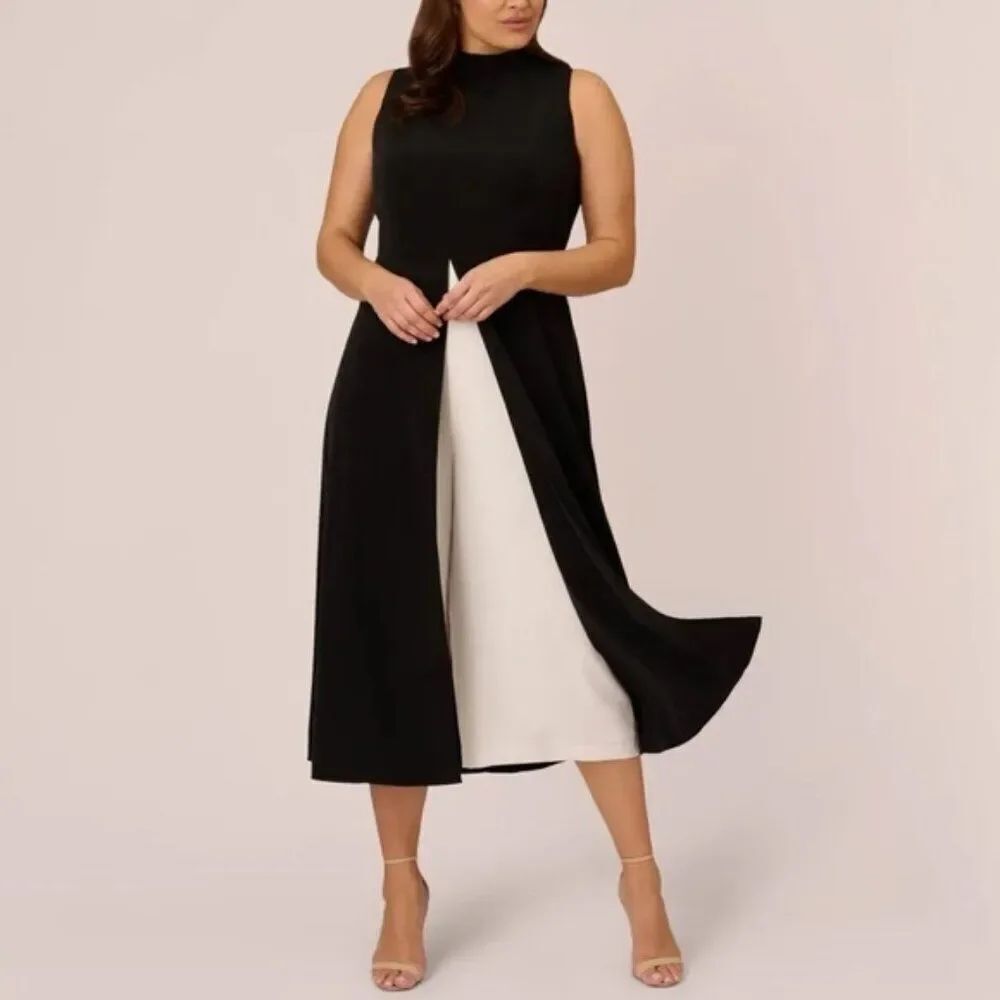 NWT Adrianna Papell Cropped Crepe Black Overlay Jumpsuit Dress